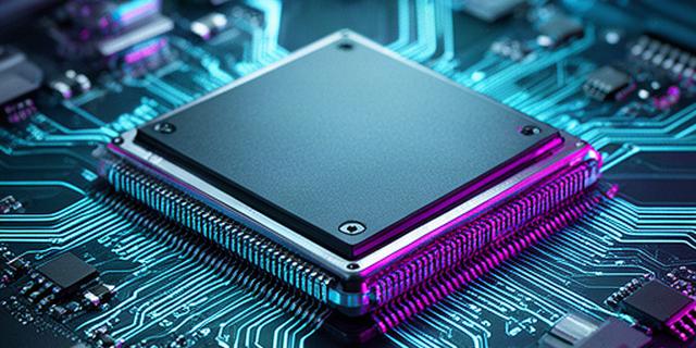 Placa electrónica con un chip de inteligencia artificial iluminado en un laboratorio