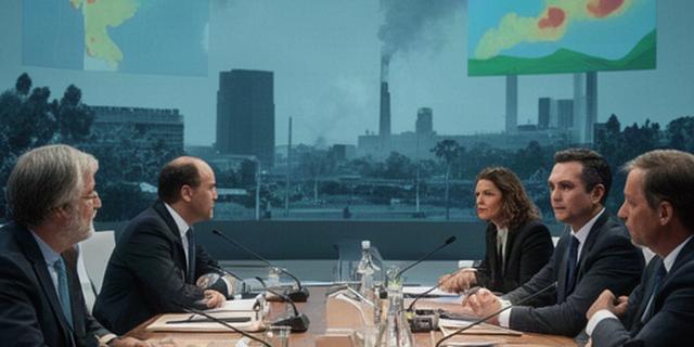 Delegados reunidos en una cumbre climática con paneles de datos sobre emisiones
