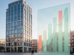 Edificio financiero en Madrid junto a un gráfico de crecimiento económico