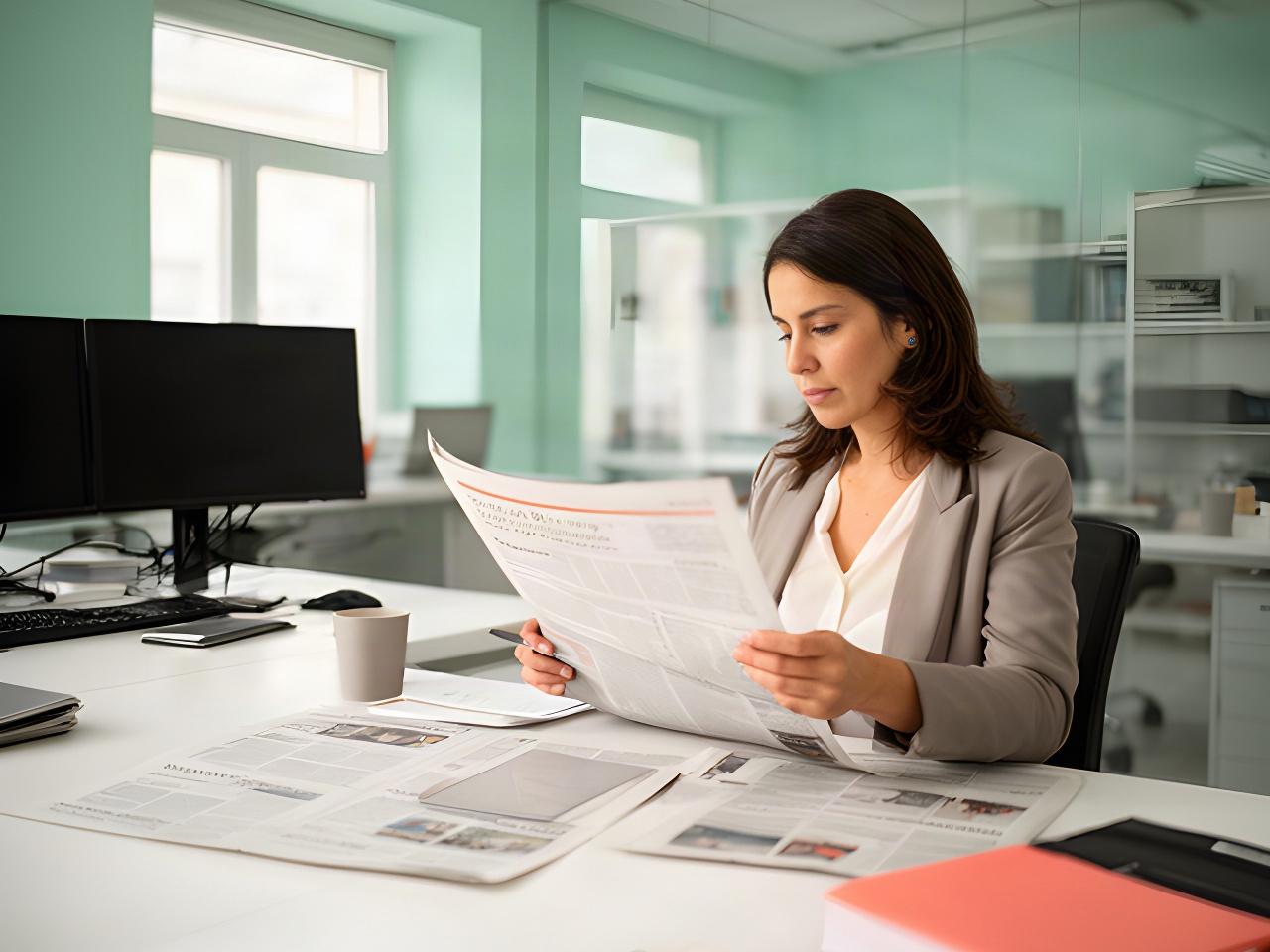 Redactora revisando noticias impresas y notas digitales en una redacción luminosa de Dos Hermanas